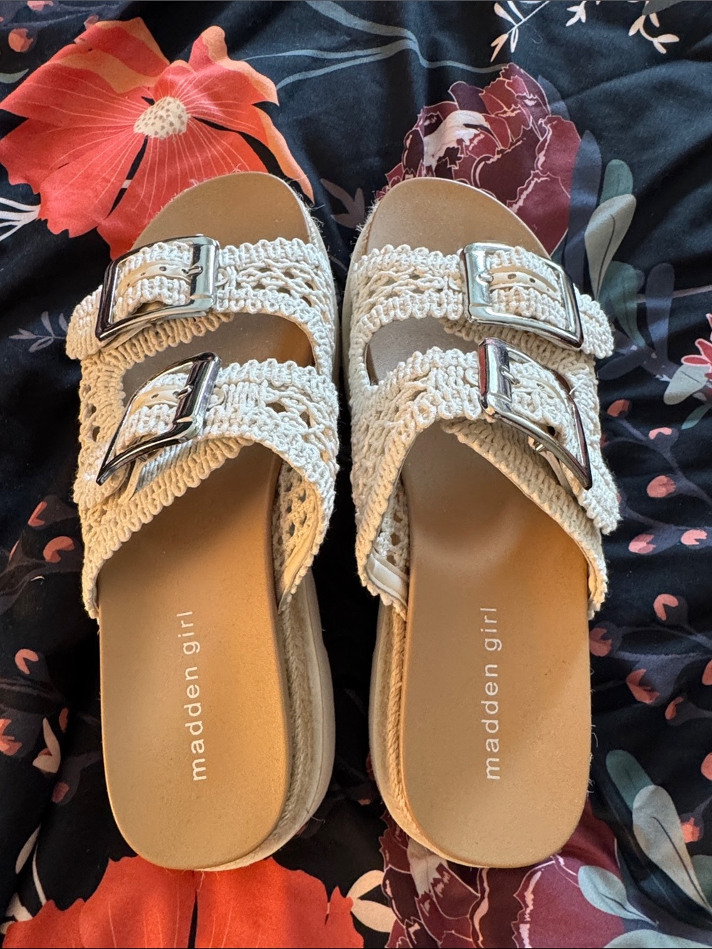 Madden Girl Cream Crochet Double-Buckle Slide Sandals